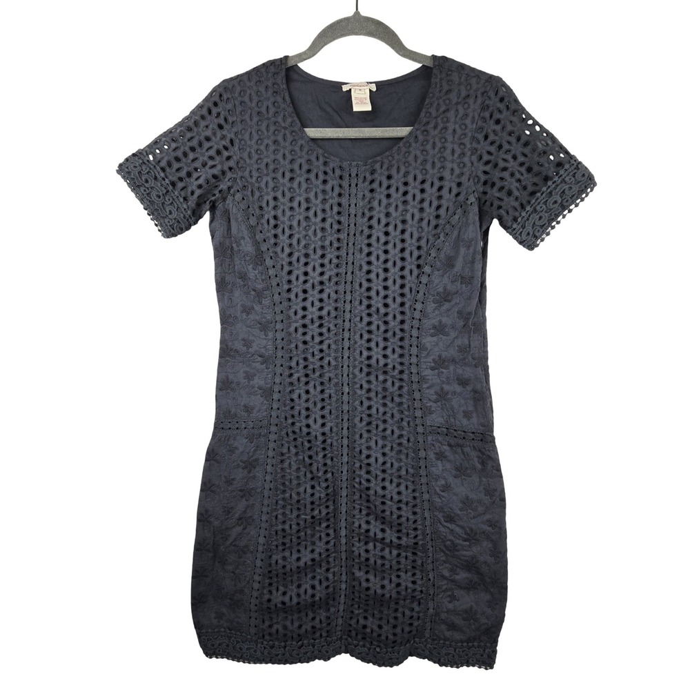 Sundance Eyelet Embroidered Shift Dress Women 8 Charcoal Gray Boho 100% Cotton